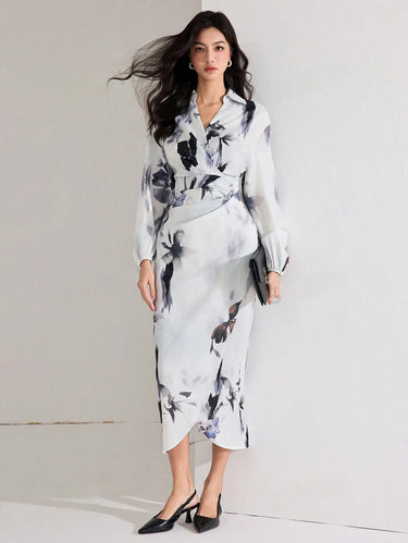 MyWestern Women's Fall Elegant Floral Print Lantern Sleeve Long Dress My Western